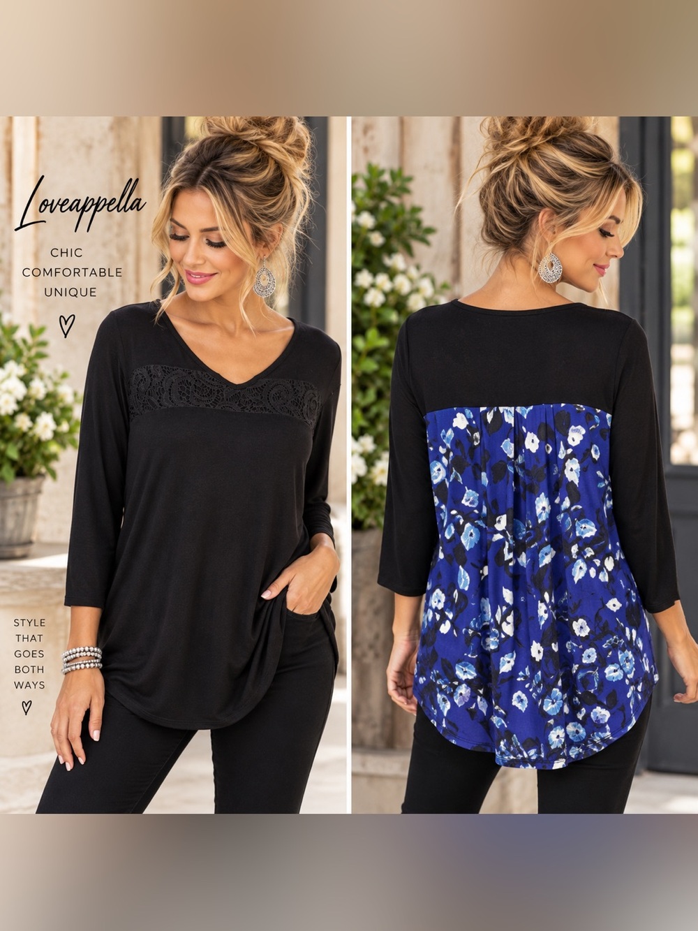 Loveappella Black Blue Floral Back Lace V-Neck Tunic Top M